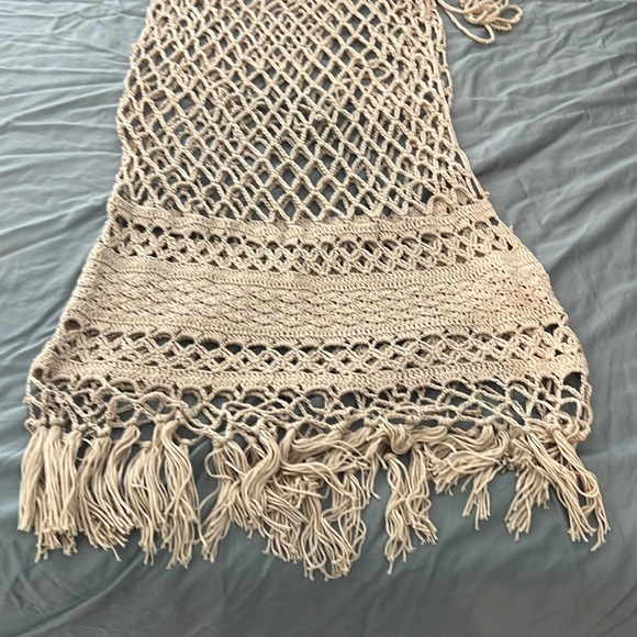 Anthropologie Crochet Beach Wrap Maxi Skirt One Size Fringe Tan Adjustable - Picture 7 of 7